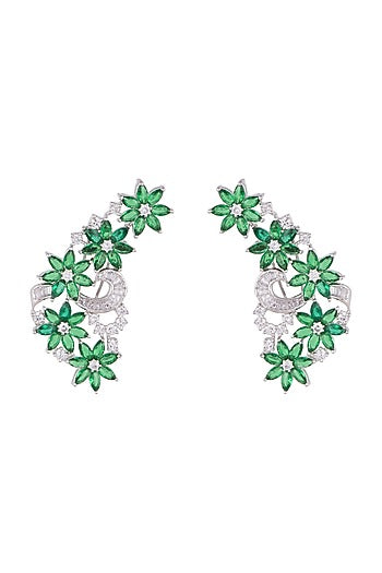 White Finish Green Stones & Faux Diamond Earrings