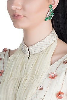 White Finish Green Stones & Faux Diamond Earrings