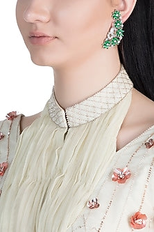White Finish Green Stones & Faux Diamond Earrings