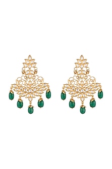 Gold Finish Kundan & Green Stones Drop Earrings