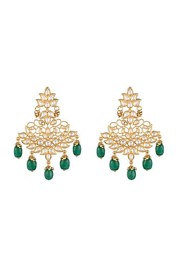 Gold Finish Kundan & Green Stones Drop Earrings