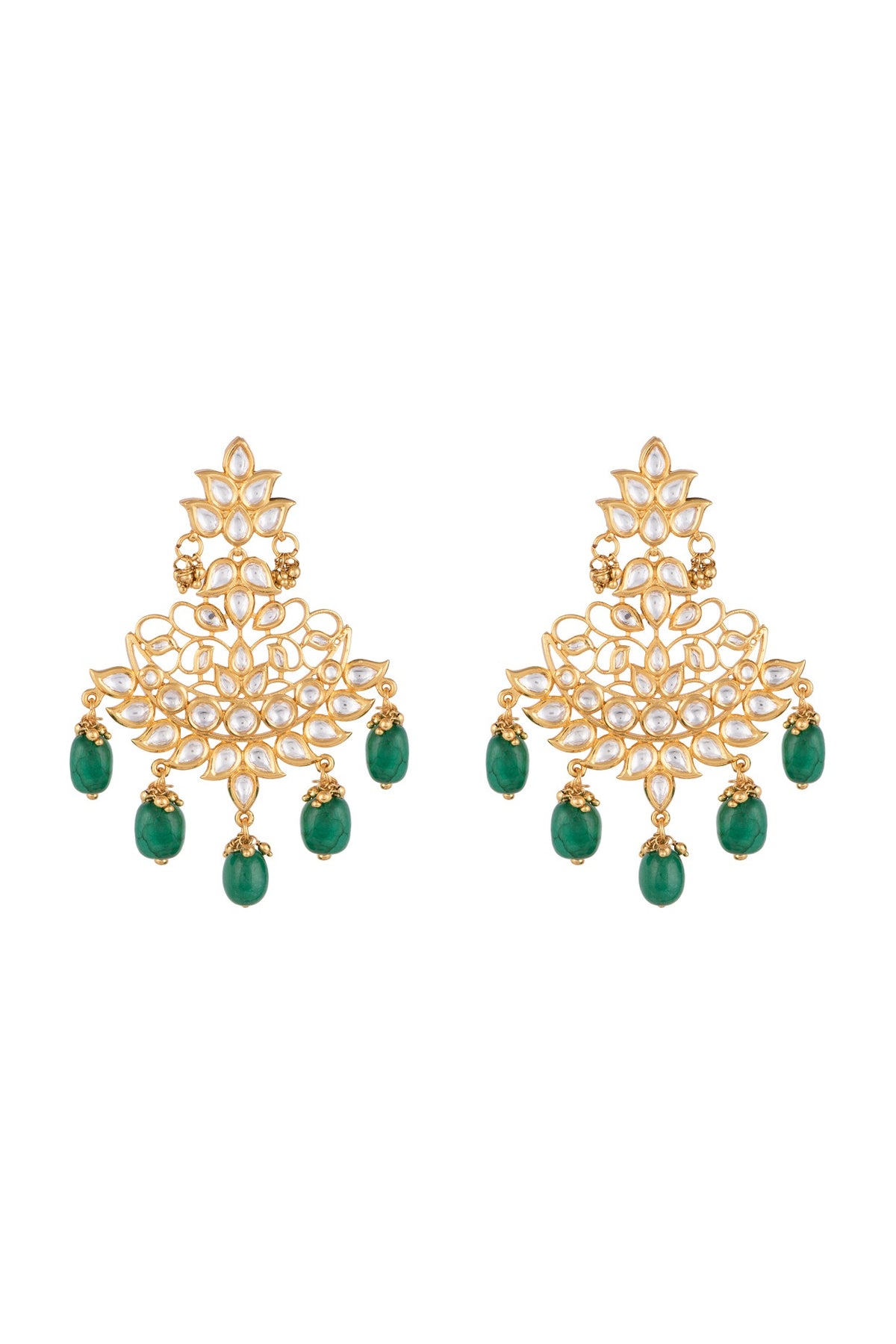 Gold Finish Kundan & Green Stones Drop Earrings