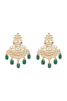Gold Finish Kundan & Green Stones Drop Earrings