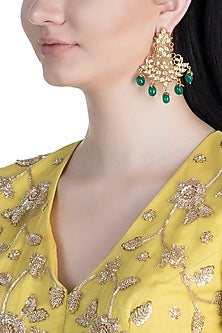 Gold Finish Kundan & Green Stones Drop Earrings