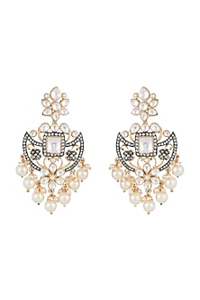 Gold Finish Kundan, Faux Pearls & Diamond Earrings
