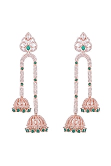 Rose Gold Finish Faux Diamond & Green Stone Jhumka Earrings