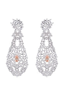 White Finish Faux Diamond & Citrine Colored Stone Long Earrings