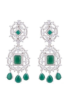 White Finish Faux Diamond & Green Stone Dangler Earrings