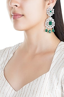 White Finish Faux Diamond & Green Stone Dangler Earrings
