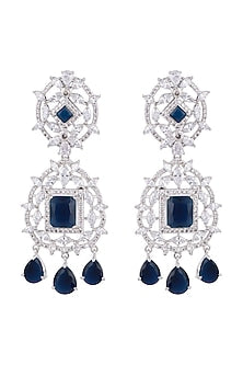 White Finish Faux Diamond & Blue Stone Earrings