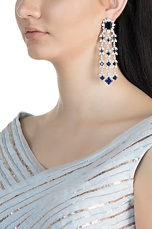 White Finish Daux Diamonds & Blue Stones Dangler Earrings