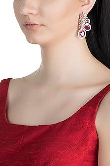 Rose Gold Finish Red Stone & Faux Diamond Earrings