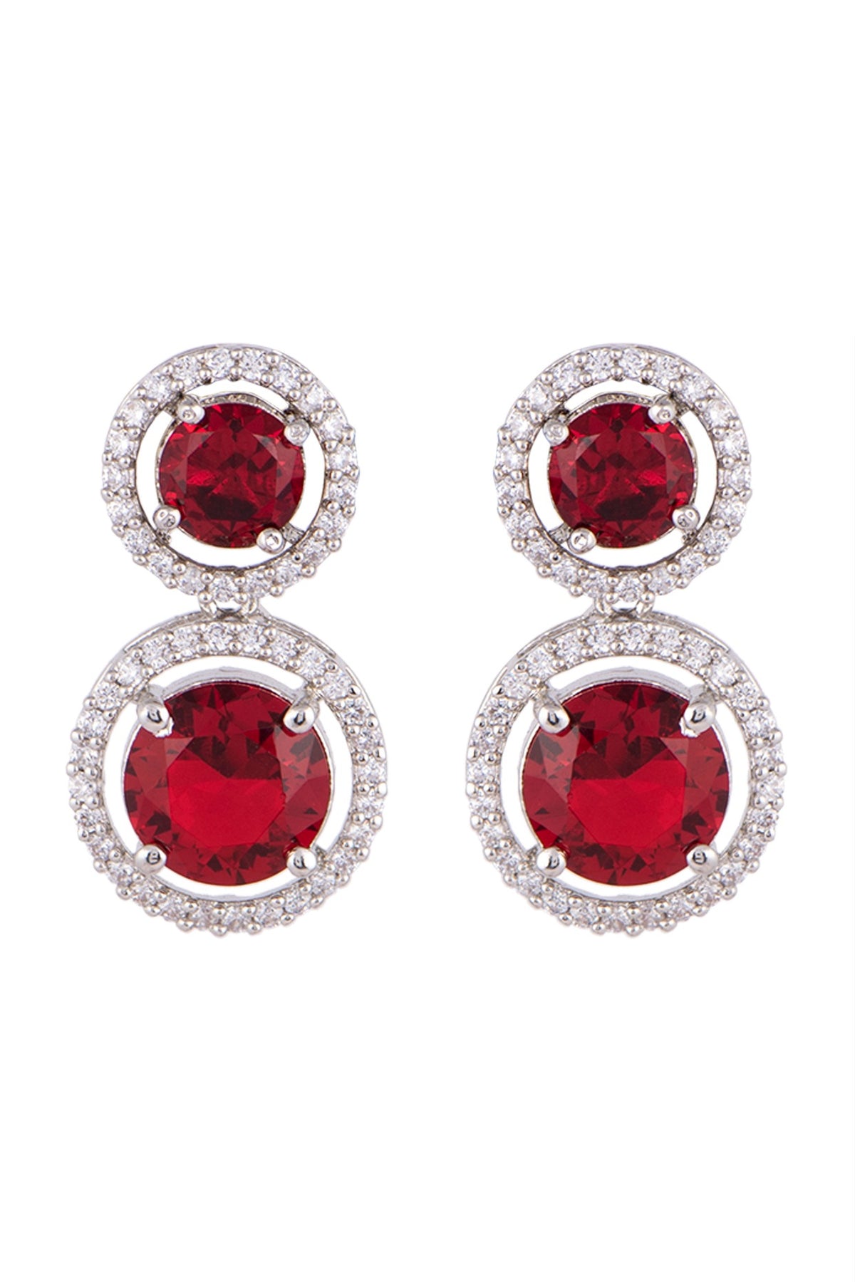 White FInish Faux Diamond & Red Stones Earrings