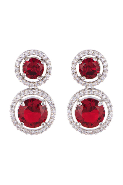 White FInish Faux Diamond & Red Stones Earrings