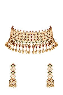 Gold Finish Kundan, Red & Green Stones Choker Necklace Set