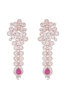 Rose Gold Finish Faux Diamonds & Red Stones Long Earrings