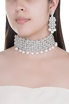 White Finish Faux Diamonds & Pearls Choker Necklace Set