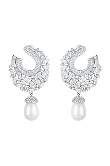 White Finish Faux Diamonds & Pearls Earrings