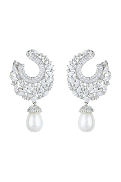 White Finish Faux Diamonds & Pearls Earrings