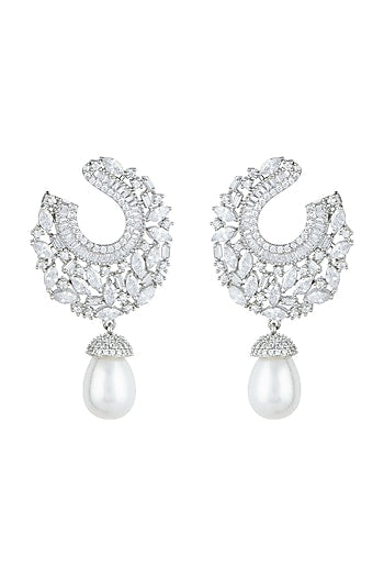 White Finish Faux Diamonds & Pearls Earrings