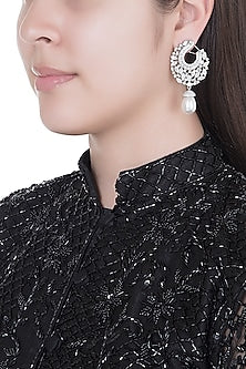 White Finish Faux Diamonds & Pearls Earrings