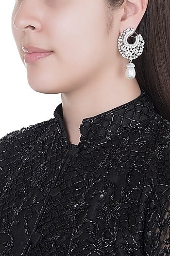 White Finish Faux Diamonds & Pearls Earrings