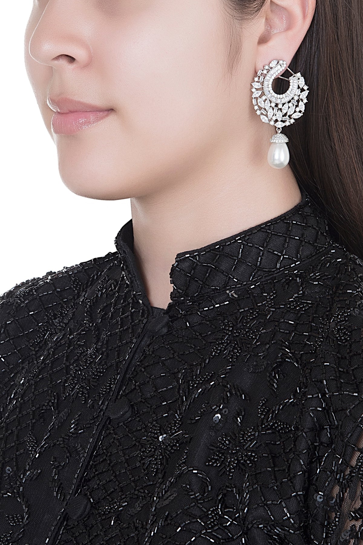White Finish Faux Diamonds & Pearls Earrings