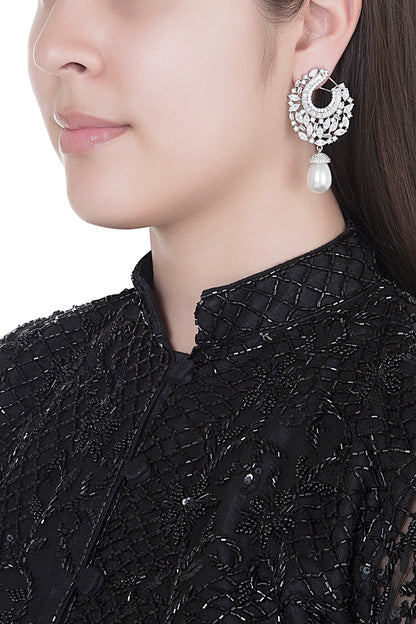 White Finish Faux Diamonds & Pearls Earrings