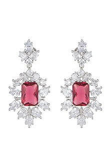 White Finish Faux Diamonds & Red Stone Earrings
