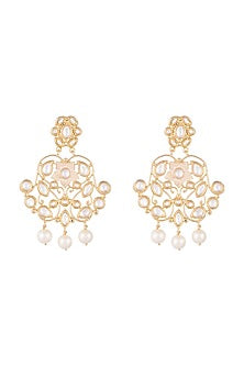 Gold Finish Faux Pearls & Kundan Enameled Earrings