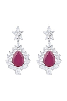 White Finish Red Stone & Faux Diamond Earrings