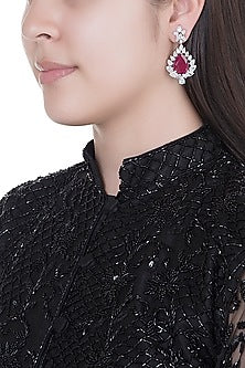 White Finish Red Stone & Faux Diamond Earrings