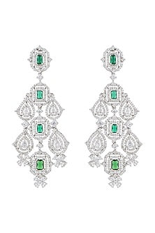 White Finish Faux Diamonds & Green Stones Dangler Earrings