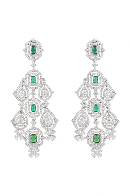 White Finish Faux Diamonds & Green Stones Dangler Earrings