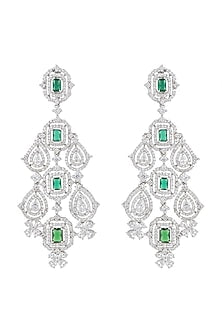 White Finish Faux Diamonds & Green Stones Dangler Earrings