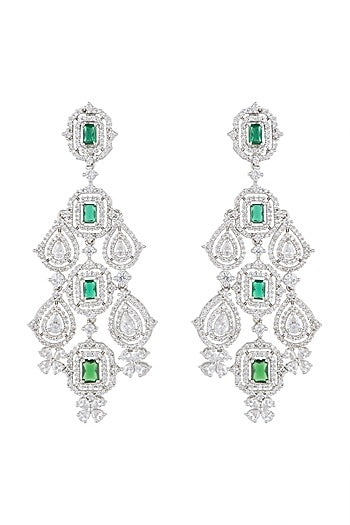 White Finish Faux Diamonds & Green Stones Dangler Earrings