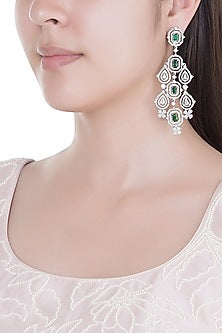 White Finish Faux Diamonds & Green Stones Dangler Earrings