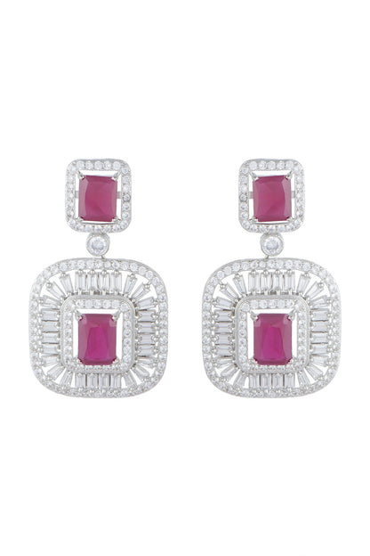White Finish Faux Diamonds & Red Stones Earrings