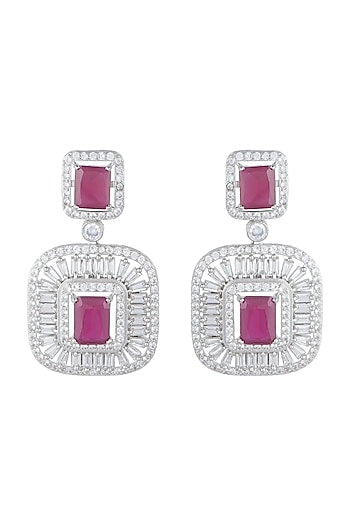 White Finish Faux Diamonds & Red Stones Earrings