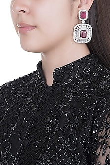 White Finish Faux Diamonds & Red Stones Earrings