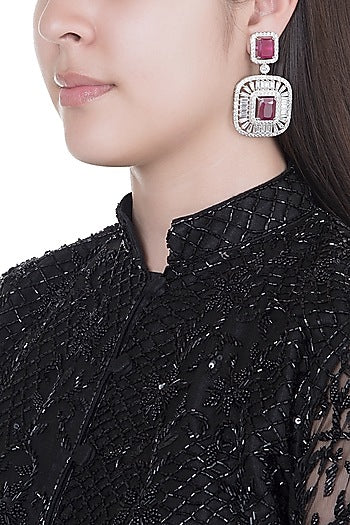 White Finish Faux Diamonds & Red Stones Earrings