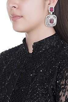 White Finish Faux Diamonds & Red Stones Earrings
