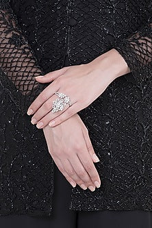 White Finish Faux Diamonds Two Finger Ring