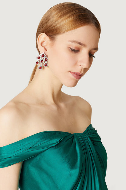 White Finish Red Stone Earrings