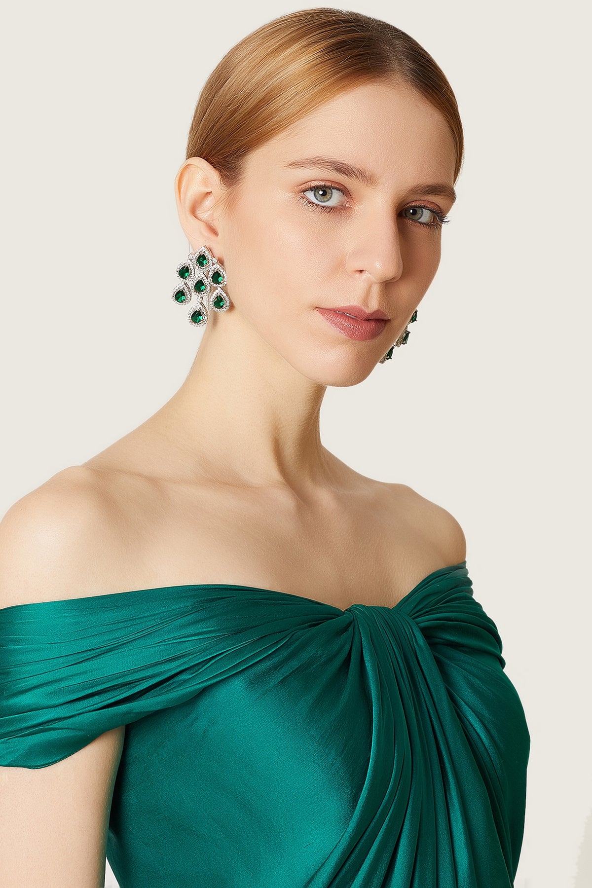 White Finish Green Stone Earrings
