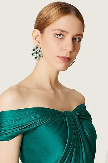 White Finish Green Stone Earrings