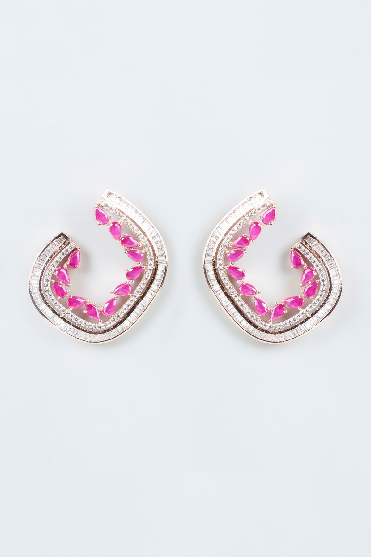 Rose Gold Finish Zircons Stud Earrings With Red Synthetic Diamonds