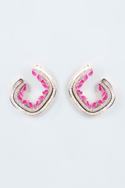 Rose Gold Finish Zircons Stud Earrings With Red Synthetic Diamonds