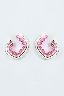 Rose Gold Finish Zircons Stud Earrings With Red Synthetic Diamonds