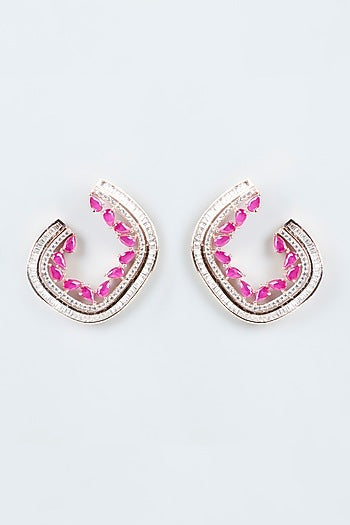 Rose Gold Finish Zircons Stud Earrings With Red Synthetic Diamonds
